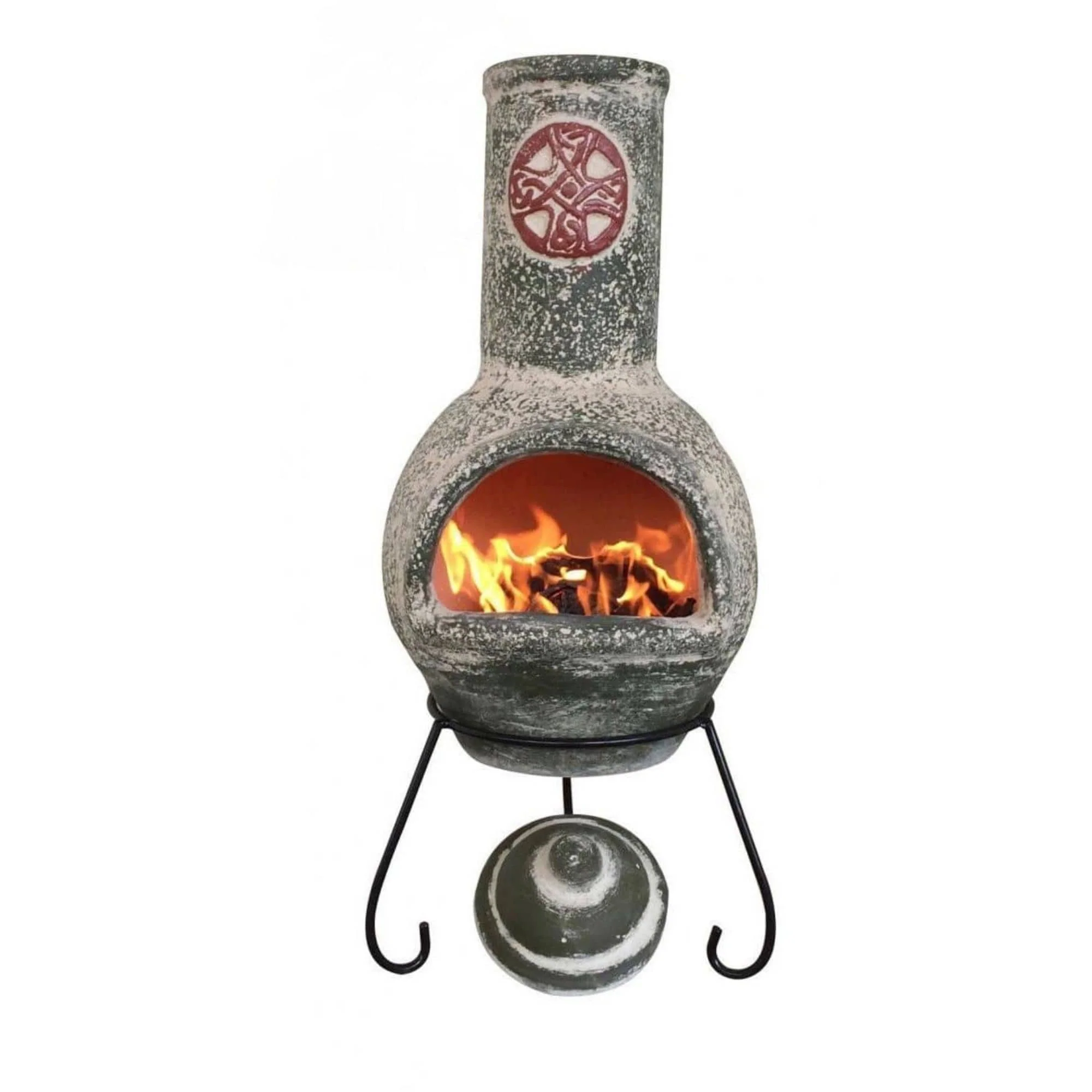 Gardeco Cruz Large Mexican Clay Chimenea in Green with Stand - Image 2