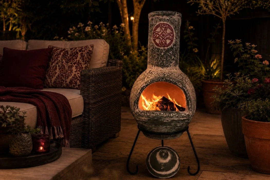 Gardeco Cruz Large Mexican Clay Chimenea in Green with Stand - Image 4