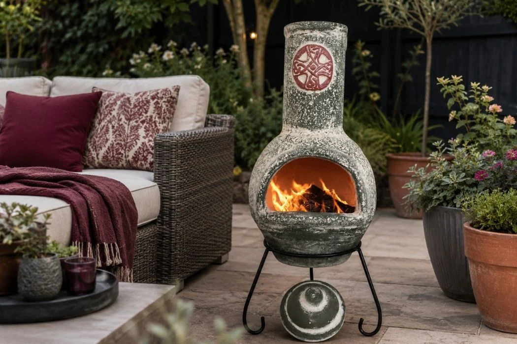 Gardeco Cruz Large Mexican Clay Chimenea in Green with Stand - Image 5