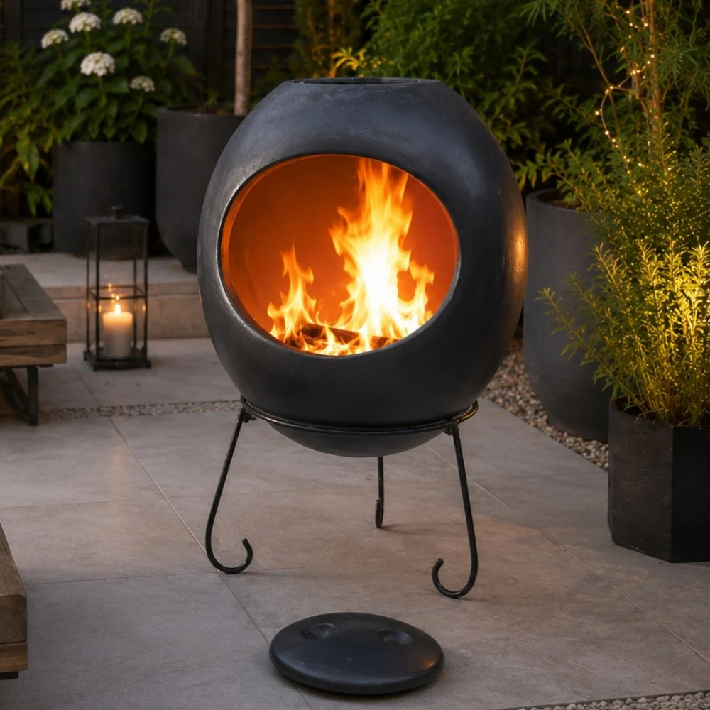 Gardeco Ellipse XL Mexican Clay Chimenea in Glazed Anthracite Grey