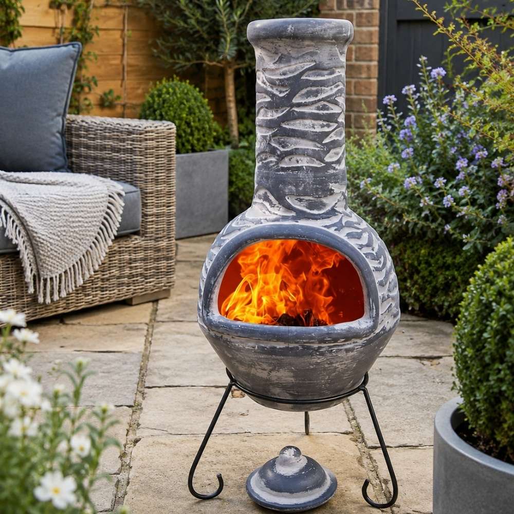 Gardeco Olas Mexican Clay Chimenea Blue / Grey in Large and XLarge