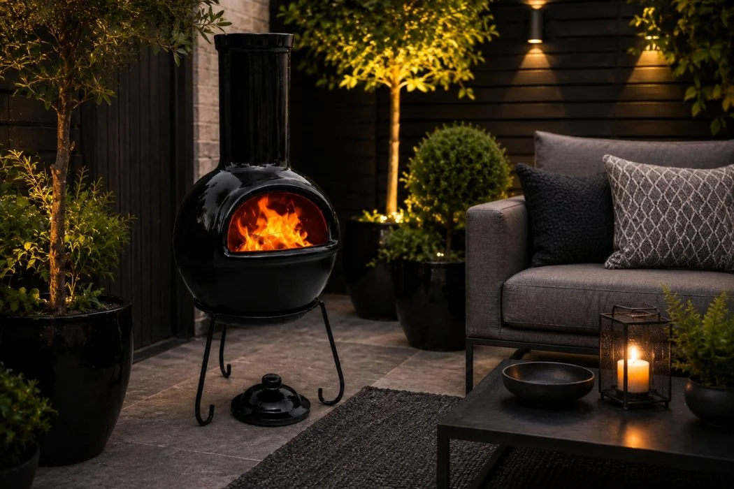 Gardeco Sempra Clay Chimenea Large in Glazed Black Inc Stand and Lid - Image 4