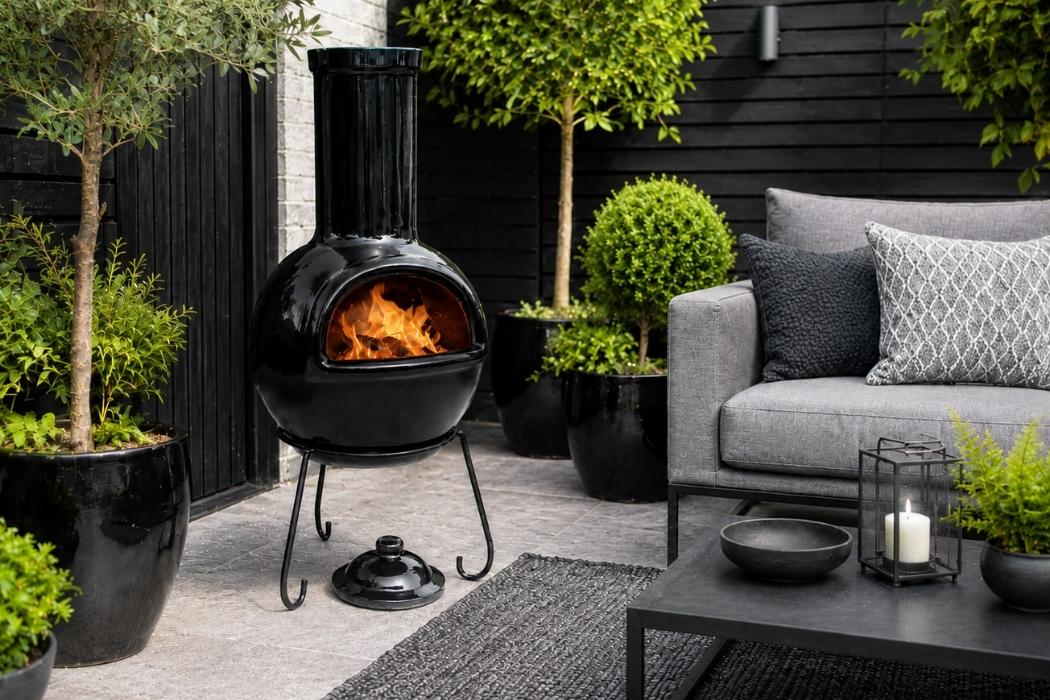 Gardeco Sempra Clay Chimenea Large in Glazed Black Inc Stand and Lid - Image 5