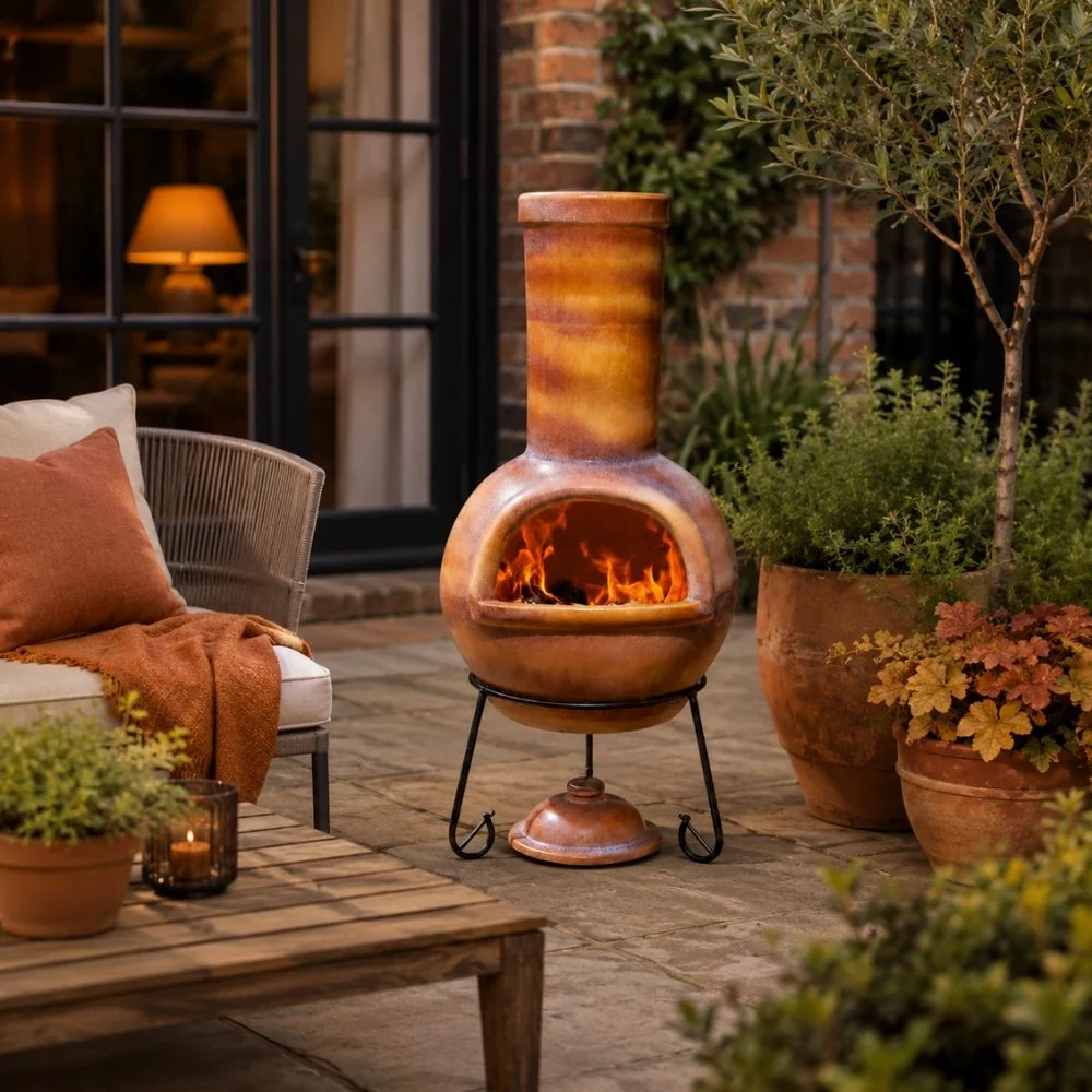 Gardeco Sempra Clay Chimenea Large in Glazed Caramel inc Stand and Lid - Image 5
