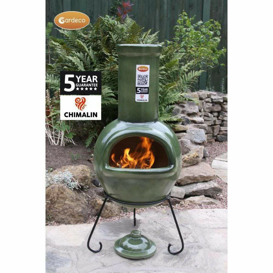 Gardeco Sempra Clay Chimenea Large in Glazed Green inc Stand and Lid - Image 4